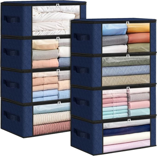 Fab totes 35L Closet Organizers and Storage, Foldable Under Bed Storage Containers, Storage bags for Organizing Bedroom, Closet, Clothing,Organization with Handle (8 Pack,Blue)