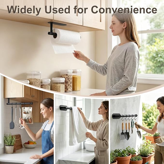 Paper Towel Holder, 2-Pack US304 Stainless Steel Wall Mount Rack, Self-Adhesive No Drilling, Rustproof Space Saving Under Cabinet Mount, Organizer for Kitchen, Bathroom, RV, Pantry (Black)