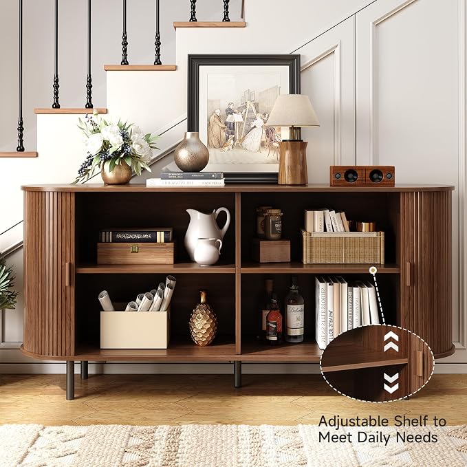 63" Sideboard Buffet Cabinet with Storage, Storage Cabinet with Sliding Door & Adjustable Shelf, Modern Accent Coffee Bar Console Table for Kitchen, Entryway, Walnut