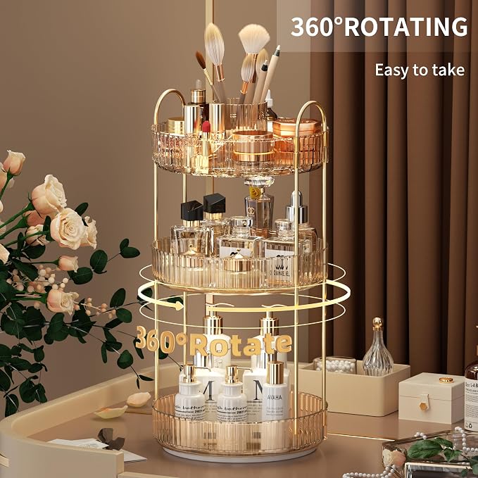 YCIA&DONE Rotating Makeup Organizer for Vanity, Large Capacity Make Up Storage Skin care Shelf Perfume Holders Cosmetic Dresser Organizer Countertop Spinning 360 (Amber Gold, 3Tiers)