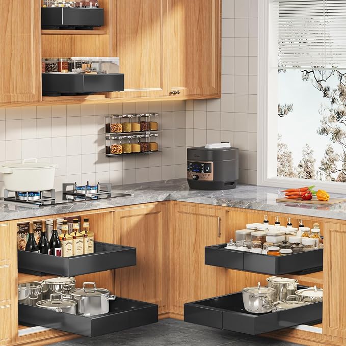 Seinloes 2 Pack Expandable Pull Out Cabinet Organizer 21" Deep with Raising Pad for Framed Cabinets,Upgrade 3 Slide Rails Slide Out Drawers,Roll Out Shelves Adhesive,Adjustable Width 9"-14.1" Black