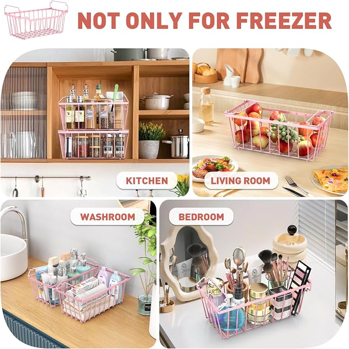 Goovilla Freezer Organizer Bins for 5-7 Cu.FT Chest Freezer, 4 Pack Pink | Foldable Handle Stackable Freezer Baskets, Coated Metal Freezer Storage Bins with Better Space Utilization, Deep Organization