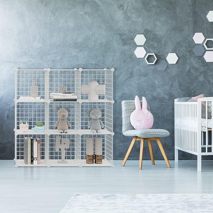 HUBSON Wire Cube Storage Organizer, Book/Toy/Craft/Potted Plants and Pet Closet Organizers, 16-Cube Freely Combinable Metal Grid Storage Shelves, White Plus Iron