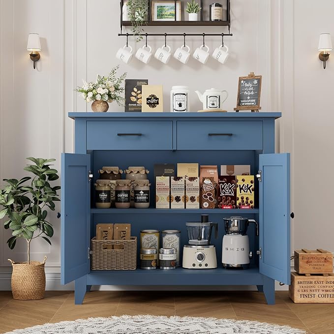 HORSTORS Farmhouse Kitchen Storage Cabinet, Small Buffet, Coffee Bar, Blue | Buffet Sideboard with 2 Drawers & 2 Doors, 35.8"W Coffee Table, Sapce-saving Kitchen Cabinet for Dining Living Room, Entryway
