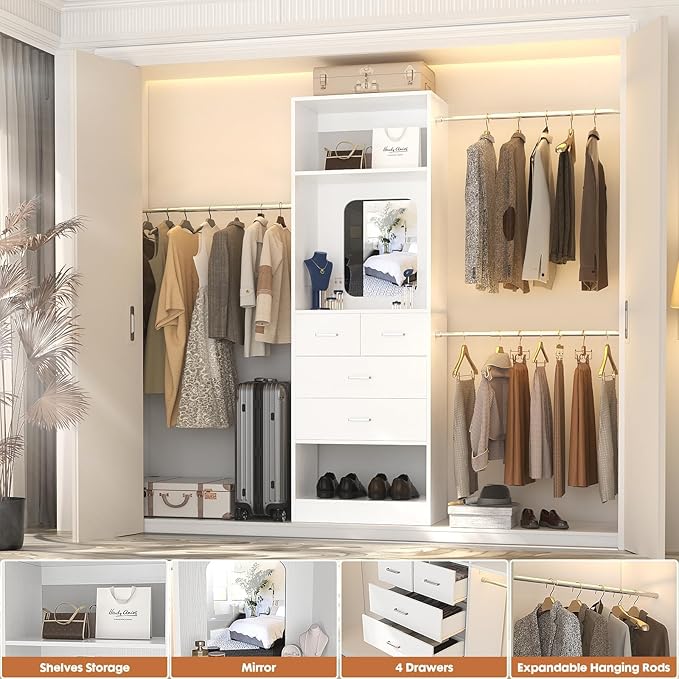 Unikito 8FT Closet System with Mirror and 3 Extendable Hanging Rods, White | 48" - 96" Walk in Closet Organizer with 4 Drawers and 25” Tower, Sturdy Wood Closet Insert, Adjustable Width, Heavy Duty