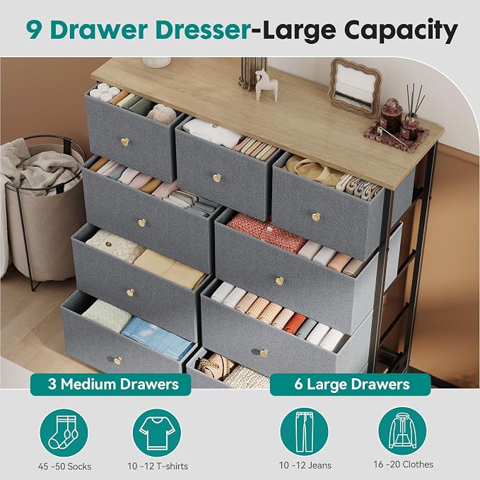 OLIXIS 9 Drawer Tall Dresser for Bedroom, Closet Organizers and Storage | Fabric Dresser with Wooden Top, Chest of Drawers for Clothes Storage, Tower Cabinet, Furniture, TV Stand, Gray Blue