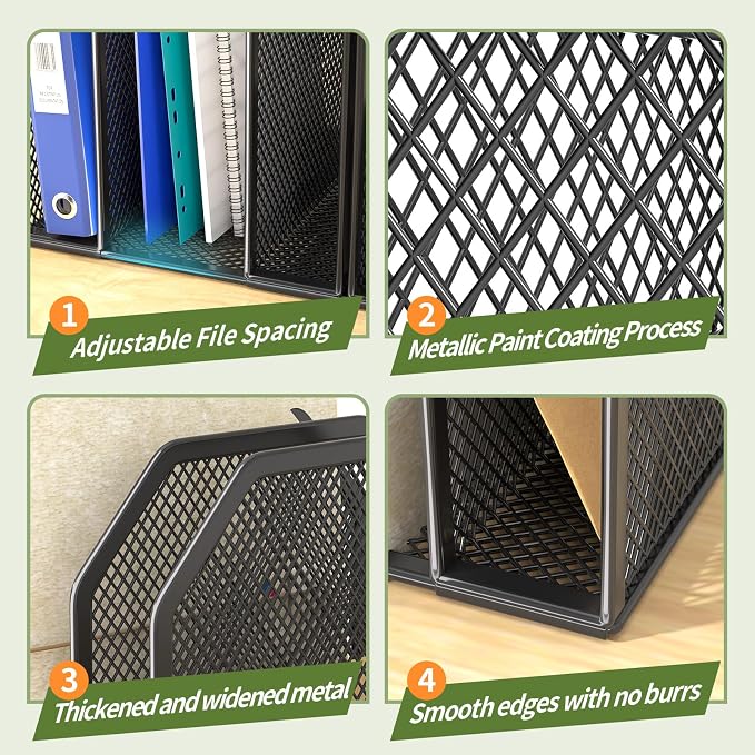 FANXIYQ Black 7-Section File Folder Organizer for Desk, Metal Vertical File Holder Stand, Desktop File Organizer Rack for Letter/A4 Folders, Papers, Books, Office Classroom Home