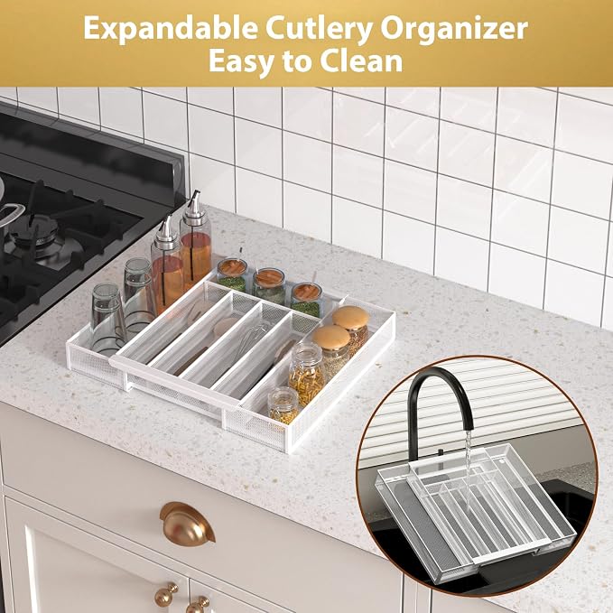 Sedegn Expandable Kitchen Utensil Organizer - 9.6" to 16.1" Adjustable Cutlery Tray with 5-7 Compartments - Fits Various Drawer Sizes & Holds Large Ladles Spatulas Forks Spoons & Knives White