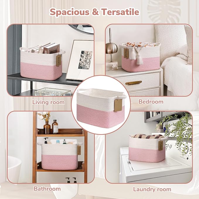Goodpick Small Woven Storage Baskets for Organizing, Pink & White | 13 × 10 × 9 in, Reinforced Handles, Nursery, Bedroom & Shelf Organization, Toys, Books, Baby Essentials & Gift Giving
