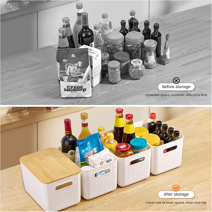 Ohmlove 4 Packs Storage Bins with Bamboo Lids - Plastic Storage Containers with Lids Stackable Storage Box：Storages Baskets for Organizing Desktop Closet Playroom Classroom Office,White