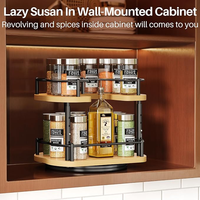 SNTD Lazy Susan Organizer Spice Rack - Spice Organization for Cabinet Height Adjustable Rotating Lazy Turntable, Pantry Kitchen Wood Revolving Seasoning Organizer (Natural, 9 Inch)