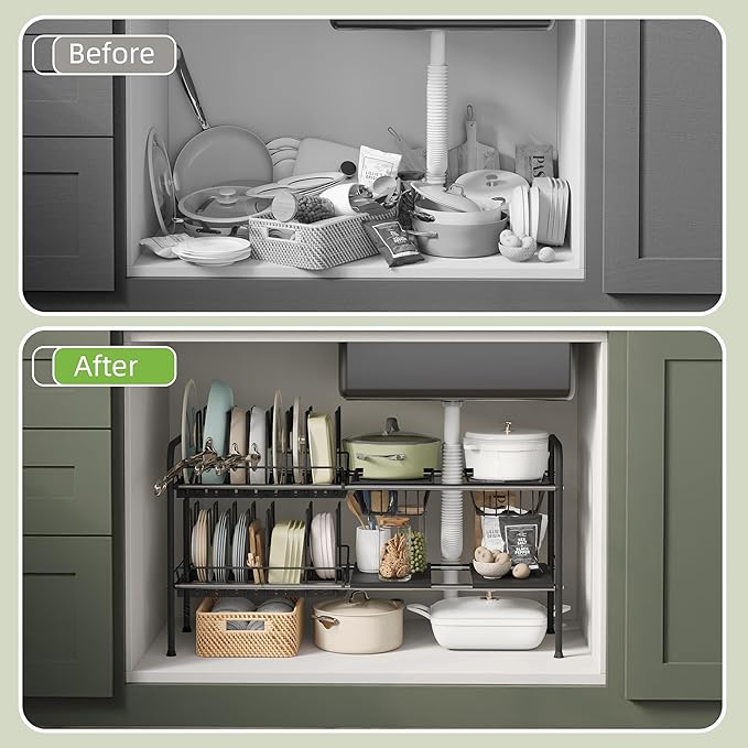 NETEL Expandable Under Sink Organizer，Pot and pan Organizer Under Cabinet | Pan Lid Organizer,Expandable Storage shelf with 2 Pan Racks（14 Dividers）and 4 Removable Panels,Adjustable partition height