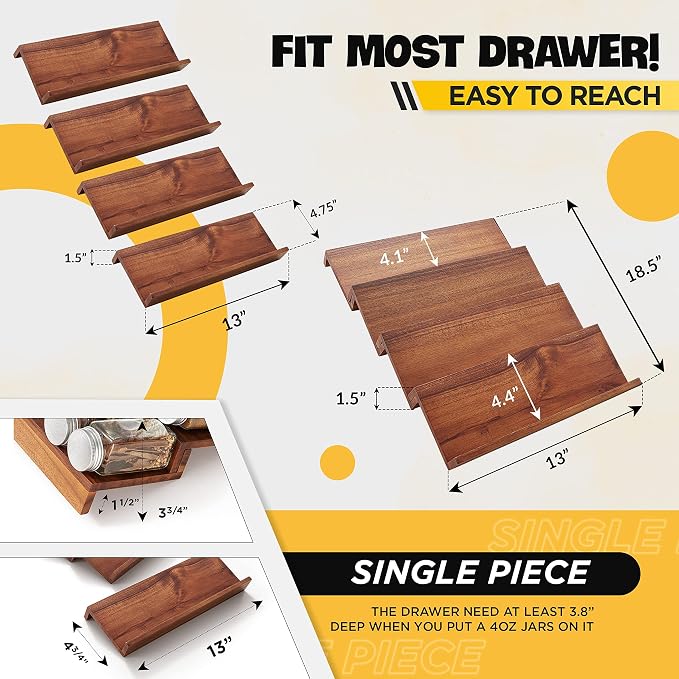 Tinamo Acacia Wooden Spice Rack Organizer for Cabinet - Spice Drawer Insert, Spice Organization for Cabinet, Seasoning Organizer, Spice Holder Pack of 4 (Acacia pack 4) | Acacia Wood Construction, No assembly Required, Stackable 4-tray Design, Spacious...