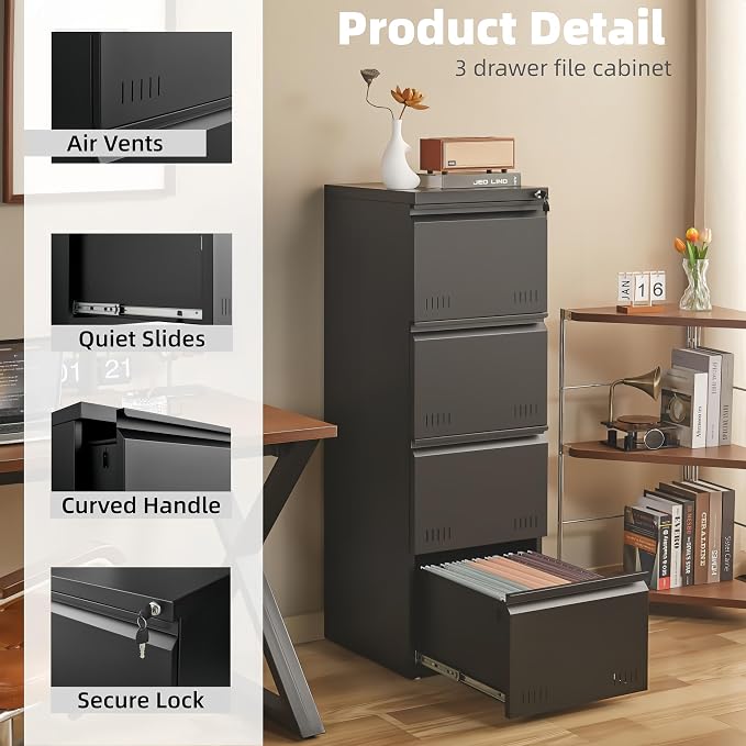 Guizeeopo Metal File Cabinet with Lock, Vertical 4 Drawer File Cabinets for Home Office, Heavy Duty Office Storage Cabinet for A4/Letter/Legal Size, Assembly Required(Black)