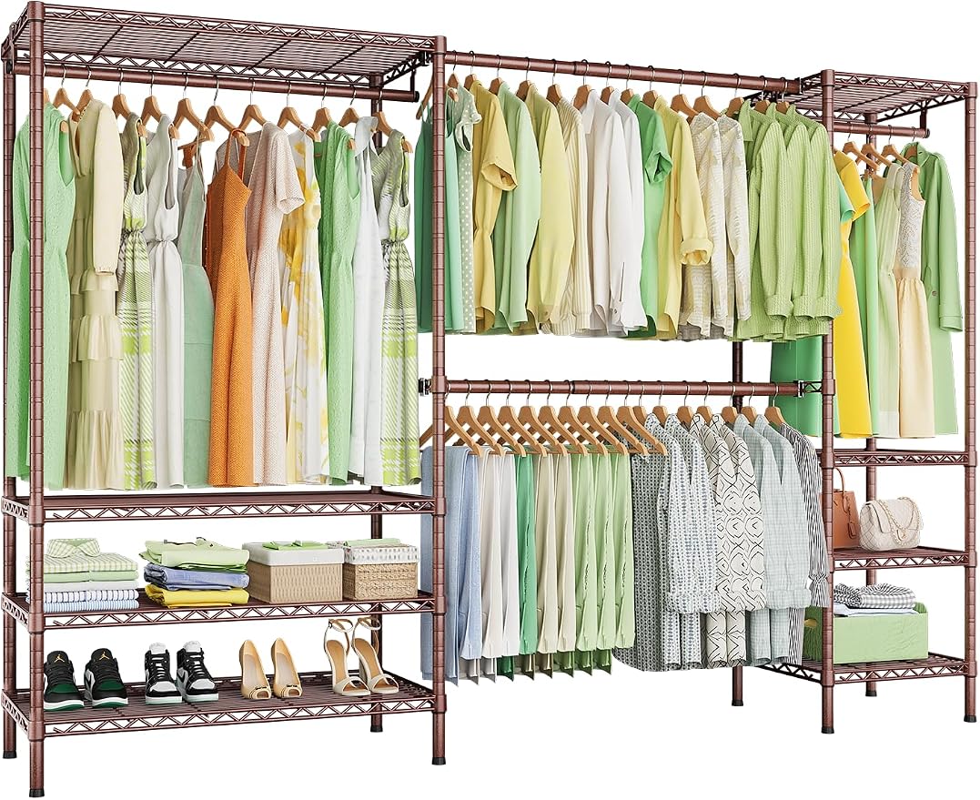 Ulif E11 Heavy-Duty Closet Garment Rack, Metal Clothes Rack, Load 1034lbs | Bronze Freestanding Expandable Clothing Storage Organizer System for Hanging Clothes, (73.2-97.6)"W x 14.5"D x 71.2"H