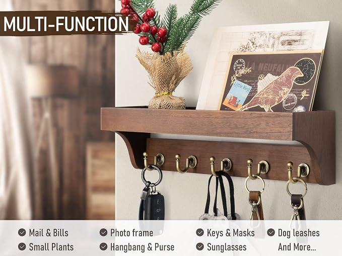 Rebee Vision Key Holder Wall Mount with 5 Hooks for Entryway, Retro Brown | Display Shelf for Plant & Letters, Key Shelf for Hats, Dog Leashes, Mail Organizer, Decorative Entryway & Living Room