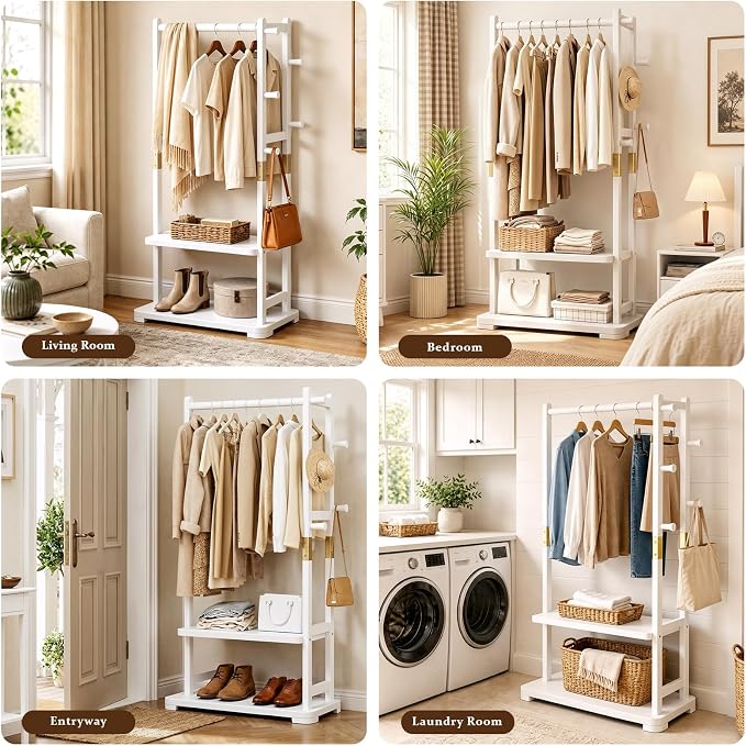 Solid Wood Clothes Rack with 2 Shelves & 4 Hooks for Hanging Clothes Garment Wallets Hats, White Clothing Rack Heavy Duty Coat Rack Freestanding with Storage Hall Tree for Hallway Bedroom Living Room | Hallway bedroom living room, durable wood construc...
