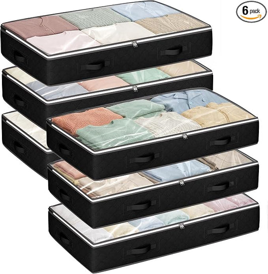 Budding Joy 90L Under Bed Storage Containers, 6 Pack Clothes Storage Bins | Foldable underbed storage bins for linen sheets, blanket, clothing, comforter, sweaters, pillows, wrapping paper, black