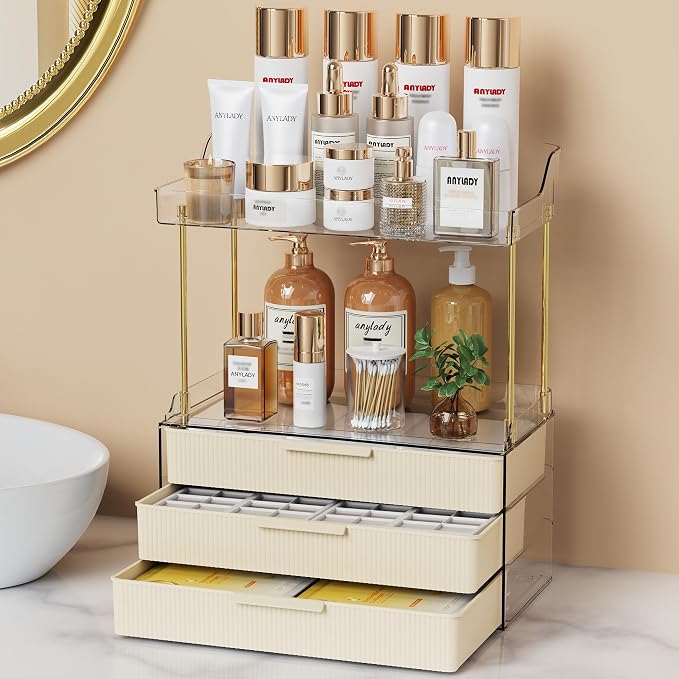 Anylady Bathroom Organizers and Storage, Makeup Organizer (Sturdy Durable Attractive), Ideal for Vanity, Countertop, Counter, Perfume, Skincare, Cabinet, Cosmetic, Dresser Organizer (Cream)