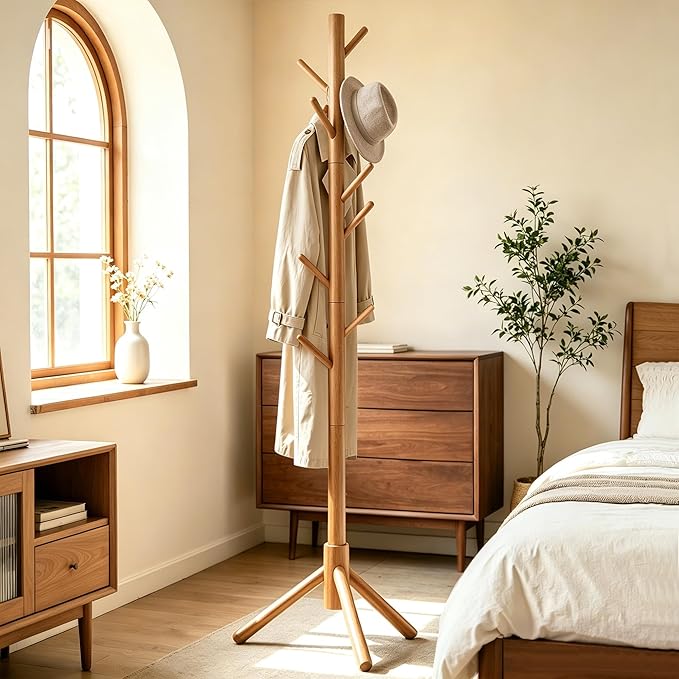 Wooden Coat Rack Freestanding | Coat rack with 8 Hooks & 3 Adjustable Sizes for Clothes, Space-Saving Design for Bedroom Office Entrance Holds Hats Coats