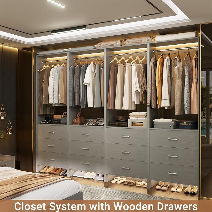 Aheaplus Closet System Closet Organizer, Wood Closet Organizer System, Walk-in Closet or Small Closets Wardrobe, Clothes Rack with Hanging Rods, 4FT Closets, Set of 2, , Grey