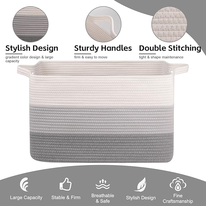 OIAHOMY Extra Large Blanket Basket, 95L Cotton Rope Woven Laundry Basket, Toy Bin for Baby Room, Container for Blanket Storage in Living Room, 24''×17''×14'', Gradient Grey