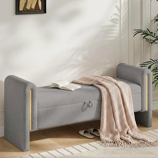 Storage Ottoman Bench, End of Bed Bench with Pull-Ring | 52" Teddy Upholstered, Window Bench with Armrest, Generous Storage, Safety Hinge, Holds 300 LBS, for Bedroom, Grey