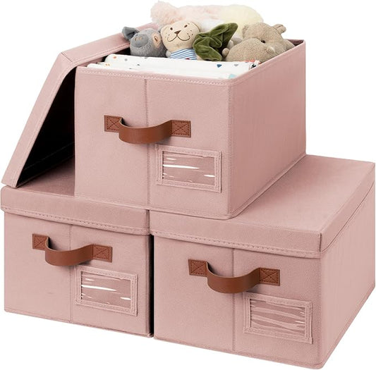 GRANNY SAYS Storage Basket with Lid, Linen Fabric Storage Bins with Label, Decorative Storage Boxes, Clothes Storage and Organization, Memory Keepsake Box, 3-Pack, Pink