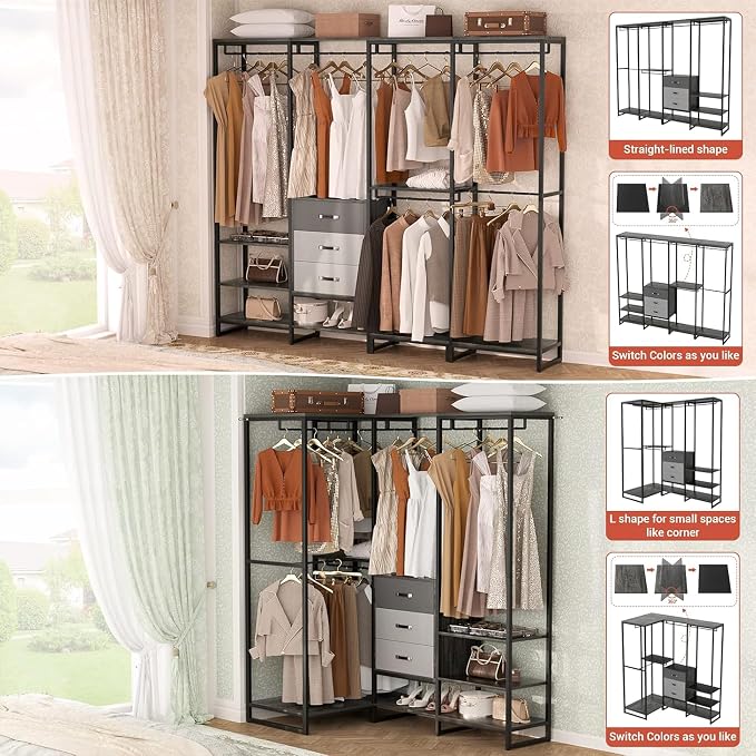 Freestanding Closet Organizer System with 3 Drawers, 6FT Heavy Duty Clothing Rack with Shelves and 6 Hanging Rods, Large Corner L Shaped Garment Rack, Grey Oak