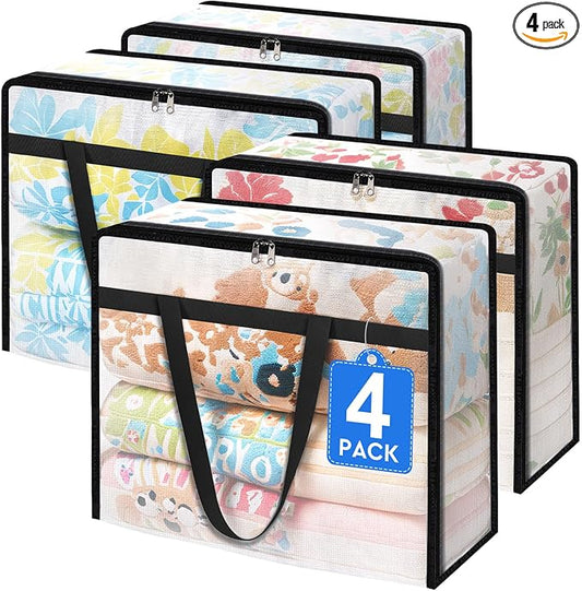 TasticTotes 4 Pack Clear Storage Bags for Comforter, Clothes & Bedding, 90L | Plastic Blanket Storage with Zipper & Handle, Foldable Moving Bags, Closet Organizer and Under-Bed Storage Containers
