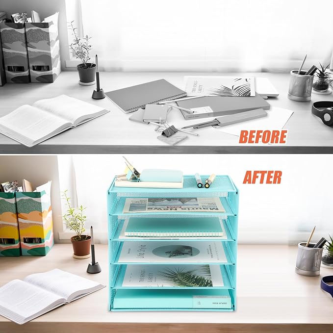 5 Slot Mesh Desk Organizer Tray, File Paper Letter Folder Holder Desktop Paper Sorter Mail Organization Rack Storage Accessories, for Office Home School Classroom, Blue