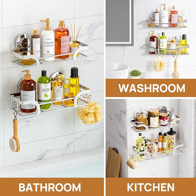 LEVERLOC 2 Pack Shower Caddy Suction Cup, Shower Shelves for Inside, Silver | Rustproof Bathroom Storage NO-Drilling Bathroom Organizer, Heavy Duty Shower Storage Basket, Metal Shower Shelf