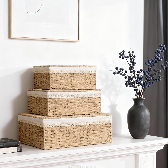 Nonam Large Basket with Lid set of 3, Rattan Divided Baskets Organizer for Shelf, Natural Wicker Storage Basket Bins for Closet, Boho Shelf Decor Covered Basket Home Storage Container