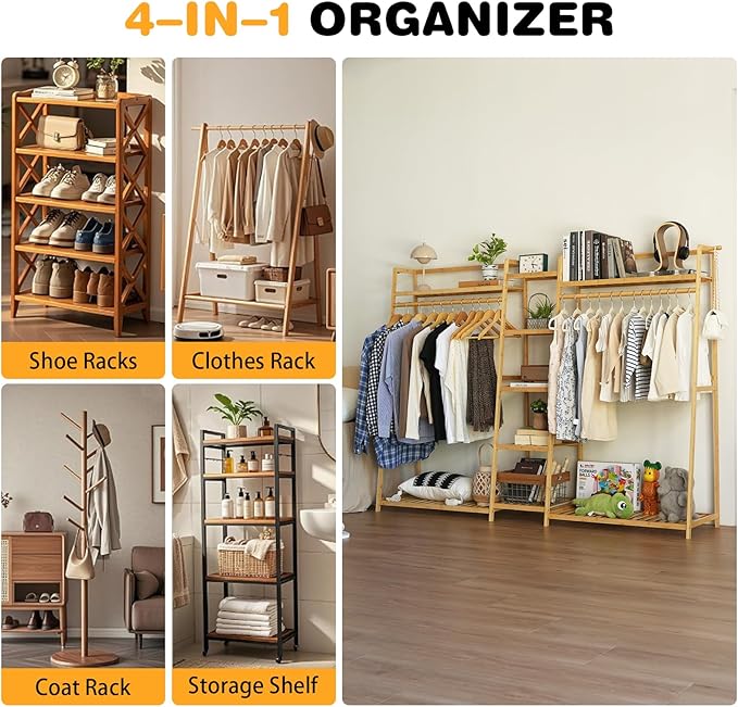Baveke Bamboo Garment Rack 9 Tier Storage Shelf Coat Clothes Hanging Rack, Portable Wardrobe Closet Organizer With Top Shelf, Shoe Storage Shelves for Bedroom, Natural, FSC-Certified Bamboo