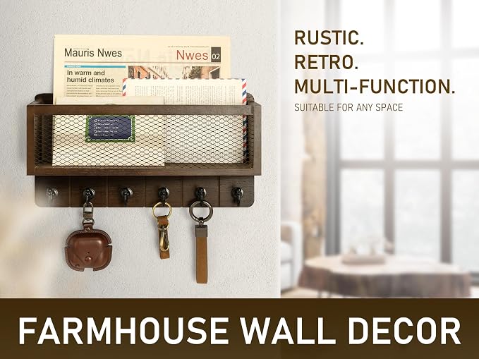 Rebee Vision Key Holder Wall Mount with 6 Hooks for Entryway, Retro Brown | Key Holder for Wall, Mesh Storage Basket, Solid Wood Key Rack, Letter Storage, Mail Organizer, Space-Saving Home Organizer