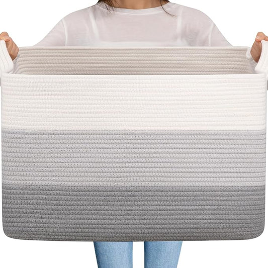 OIAHOMY Extra Large Blanket Basket, 95L Cotton Rope Woven Laundry Basket, Toy Bin for Baby Room, Container for Blanket Storage in Living Room, 24''×17''×14'', Gradient Grey