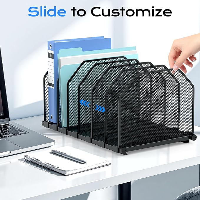 Adjustable File Organizer for Desk, 6 Sections Vertical File Folder Holders | Desktop Binder Organizer, Mesh Desk Organizer Upright File Sorter, Metal File Rack for Home Office Classroom School