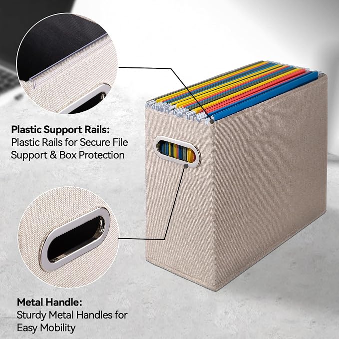 6 Pack Letter Size File Storage Box Collapsible，Fabric Hanging File Folders Organizer, Portable Office Document Holder with Metal Handle, Smooth PVC Rails, Beige