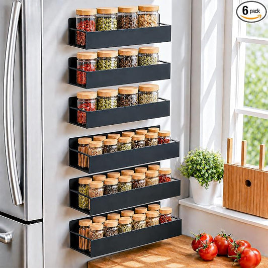 SMRCAD 6 Pack Metal Magnetic Spice Rack for fridge, Heavy Duty | Iron + Magnet | Holds 9 lbs per shelf | Full-back magnets | Screws included | Climate Pledge Friendly