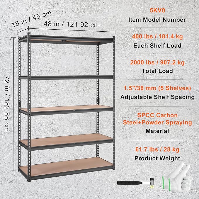 VEVOR Storage Shelves 5-Tier Adjustable 2000 lbs 48"x18"x72" Shelving Unit | Heavy Duty Garage Storage Metal Utility Rack Shelf for Kitchen, Pantry, Basement, Bathroom, Laundry, Living Room, Warehouse