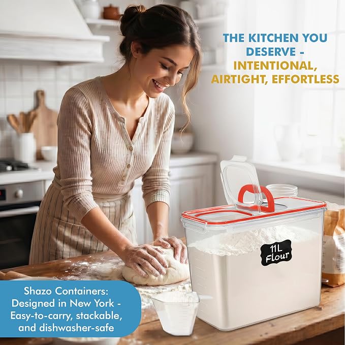 Shazo 2 PC (11L | 372 oz) Flour Sugar Storage Containers with Spout Lid & Easy Carry Handle - BPA Free Extra Large Airtight Food Storage Containers with Lids - Rice Canisters Sets for Kitchen & Pantry