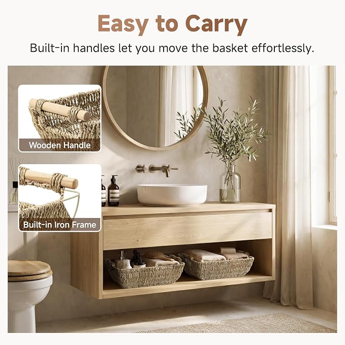 StorageWorks Hand-Woven Jumbo Storage Baskets with Wooden Handles, Seagrass Wicker Baskets for Organizing, 2-Pack