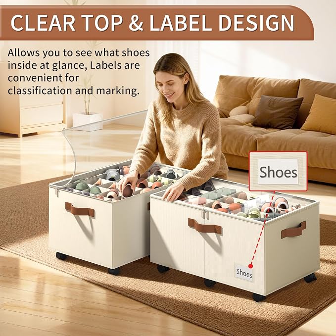Foyego 2 Pack Shoe Organizer for Closet, Shoe Storage with Wheels, Beige | Fits 48 Pairs, with Adjustable Dividers and Clear Cover, Saving Space Foldable Fabric Closet Shoe Storage Organizer Box Bins