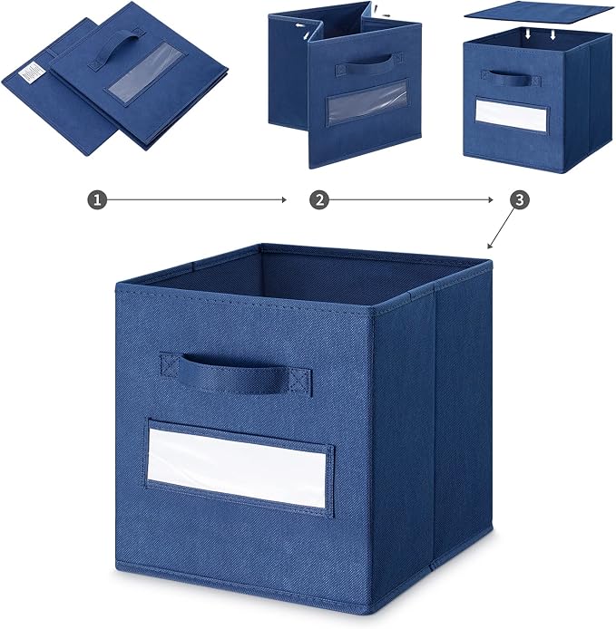11 Inch Storage Cube,Storage bin (Set of 10) Foldable Fabric Cube Storage Bins with 10 Labels Window Cards & a Pen,Baskets Containers for Shelves,Closet Organizers Box,cube storage,Navy Blue