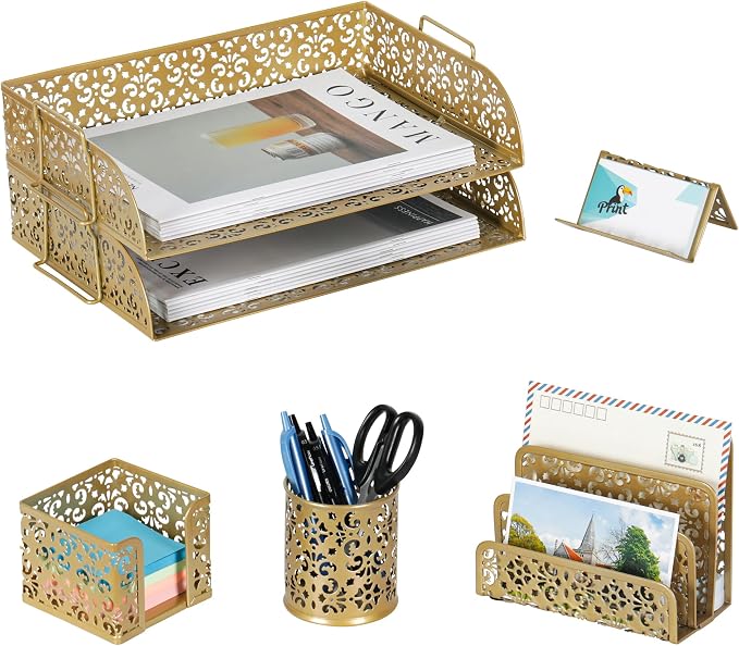 EasyPAG Desk Organizers and Accessories 5 Pieces Office Supplies Set - 2 Tier Paper Tray, Pencil Organizer for Desk, Mail Sorter Countertop, Business Card Holder and Sticky Note Holder, Gold