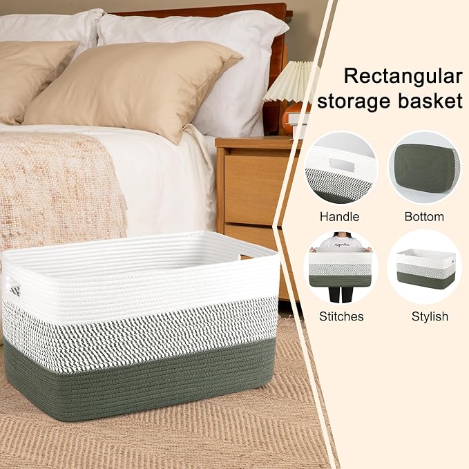 OIAHOMY Large Blanket Basket, 22”x17”x12” Rectangle Woven Baskets, Nursery Blanket Storage Living Room, Toy Storage With Handle, Large Baskets for Organizing-Green/White
