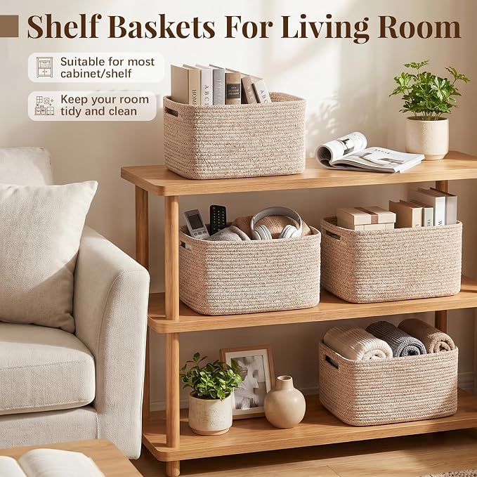 OIASKET 4Packs Natural Cotton Rope Storage Baskets for Organizing Toys, Clothes, Towels & Books, Soft Versatile Organizers for Shelves, Home Decorative Bins, 13''Lx9''Wx7.8''H, Brown