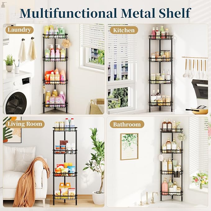 Consumest Corner Shower Caddy Stand - Rustproof Bathroom Organizer&Storage | 4 Tier Shower Shelves for Inside Shower, Stainless Steel Corner Shelf with Soap Holder, 4 Hooks, Brush Holder, Black