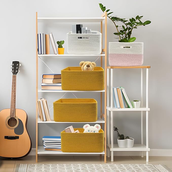 COMFY-HOMI Cotton Rope Woven Basket with Handles for Shelves,Toys,Book, Cloth Storage Baskets Bin for Organizing- 1 PCSToy Decorative Organizer for Living Room, Bathroom 17" x 13" x 7.5"