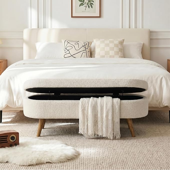 43.5” Storage Ottoman Bench，Upholstered Oval End of Bed Bench for Bedroom | Modern Linen Ottoman with Storage, Entryway Foot Rest with Wooden Legs, Lift-Top Lid with Safety Hinge, Living Room, Beige